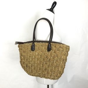 Cappelli‎ Woven Tote Bag Straw Purse Brown Shoulder Strap Animal Print Linning
